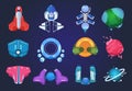 Cartoon spaceships. Alien planets ufo rockets and missiles. Space galaxy game vector items