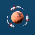 Cartoon Spaceships Flying around Mars on Blue Background