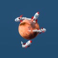 Cartoon Spaceships Flying and Landed on Mars on Blue Background