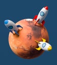Cartoon Spaceships Landed on Mars on Blue Background
