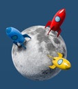 Cartoon Spaceships Landed on the Moon on Blue Background