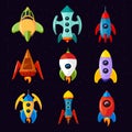Cartoon spaceships, rocket and futuristic spacecraft vector set