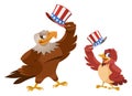 Cartoon Sparrow and American eagle raise their patriotic hats.