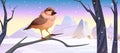 Cartoon sparrow bird sitting on branch at winter