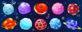 Cartoon spase planet clipart icon set with ice, fire and rock. Magic set planet with crater and rings. Cartoon vector Royalty Free Stock Photo