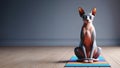 Cartoon Sphynx cat on a yoga mat in a minimalist setting with a serene expression and grey backdrop. Generative AI Royalty Free Stock Photo