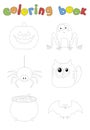 Cartoon spider, bat, pumpkin, cat, toad and pot. Coloring book for kids Royalty Free Stock Photo