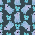 Cartoon spooky ghost character scary holiday monster costume evil seamless pattern creepy phantom spectre apparition