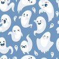 Cartoon spooky ghost character scary holiday monster costume evil seamless pattern vector illustration.