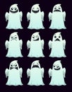 Cartoon spooky ghosts with different emotions. Halloween stickers set.