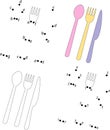 Cartoon spoon, knife and fork. Coloring book and dot to dot game