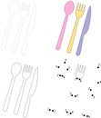 Cartoon spoon, knife and fork. Dot to dot game for kids
