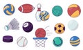 Cartoon sport ball. Set of different colorful game equipment, bowling billiard tennis football hockey golf ball Royalty Free Stock Photo