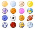 Cartoon sport ball, soccer, basketball and volleyball game equipment. Rugby, hockey, tennis sport ball equipment vector Royalty Free Stock Photo