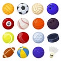 Cartoon sport balls, different sports games equipment. Soccer, volleyball, golf, football, baseball, billiard, cricket Royalty Free Stock Photo