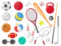 Cartoon sport equipment. Different balls, flat playing tools. Isolated gym elements, competition and training icons