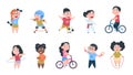 Cartoon sport kids. Boys and girls playing ball, group of children ride on bike, do active physical exercises. Vector