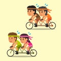 Cartoon sport people ride tandem bicycles