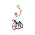 Sportsman with physical disabilities playing tennis. Young cheerful man without legs sitting in wheelchair. Flat vector