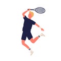 Cartoon sportsman smash racket playing big tennis isolated on white background. Active male enjoying sport ready to hit
