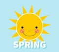 Cartoon spring background. Sun. Cloud. Design concept with happy smiley sun