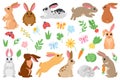 Cartoon spring bunny, cute easter rabbits with carrot and flowers. Spring bunny pets, white and brown rabbit characters