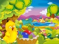 Cartoon spring nature background of park and easter chicken with basket full of eggs