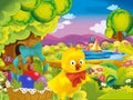 Cartoon spring nature background of park and easter chicken with basket full of eggs