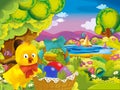 Cartoon spring nature background of park and easter chicken with basket full of eggs