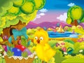 Cartoon spring nature background of park and easter chicken with basket full of eggs