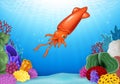 Cartoon squid with beautiful underwater world