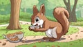 A cartoon squirrel eating nuts from a bowl Royalty Free Stock Photo