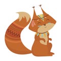 Cartoon squirrel indian. Vector illustration of a cute squirrel in a headdress with feathers. Drawing animal for