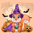 Cartoon squirrel in a purple witch hat and cloak on the background of the castle, pumpkin, moon. Halloween