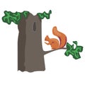 A cartoon squirrel sitting on a tree with a hollow in summer or spring, a vector stock illustration with a flat animal and green Royalty Free Stock Photo