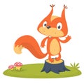 Cartoon squirrel on tree stump in summer season background. Vector illustration. Royalty Free Stock Photo