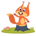 Cartoon squirrel on tree stump in summer season background. Vector illustration. Royalty Free Stock Photo