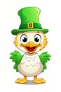 A cartoon st patrick's day chicken wearing a green hat