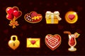 Cartoon St. Valentine lucky roulette, spinning fortune wheel. Holiday icons and symbols. Game assets