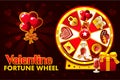 Cartoon St. Valentine lucky roulette, spinning fortune wheel. Holiday icons and symbols, vector illustration. Game assets