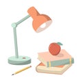 Cartoon stack books on table with lamp and pencil, vector illustration Royalty Free Stock Photo