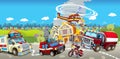 Cartoon stage with different machines for firefighting and ambulance colorful and cheerful scene