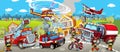 Cartoon stage with different machines for firefighting colorful and cheerful scene