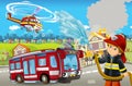 Cartoon stage with different machines for firefighting colorful and cheerful scene with fireman