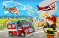 Cartoon stage with different machines for firefighting colorful and cheerful scene with fireman