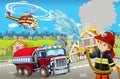 Cartoon stage with different machines for firefighting colorful and cheerful scene with fireman