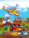 Cartoon stage with different machines one for emergency and train colorful and cheerful scene