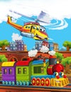 Cartoon stage with different machines one for emergency and train colorful and cheerful scene