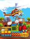 Cartoon stage with different machines one for firefighting and train colorful and cheerful scene