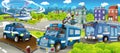 Cartoon stage with different machines for police duty - colorful and cheerful scene